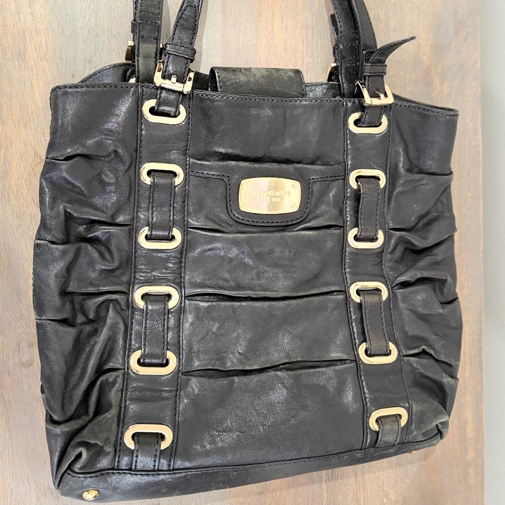 Michael Kors Black Leather Tote with Goldtone Hardware